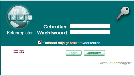 Login scherm Ketenregister